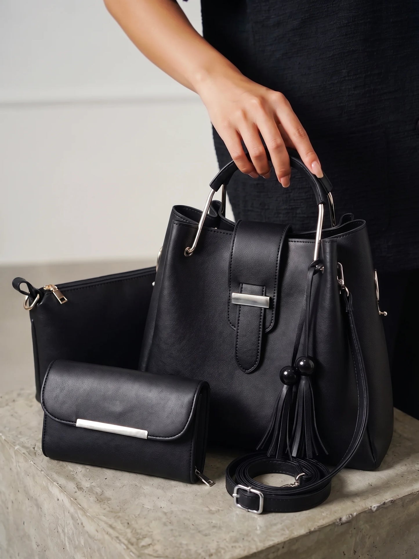 3-Piece Black Handbag Set